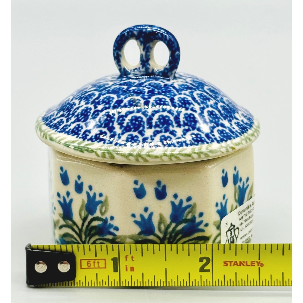 Polish Pottery Mini Pretzel Trinket Box Blue Tulips Octagon Ceramika Artystyczna - Picture 11 of 11